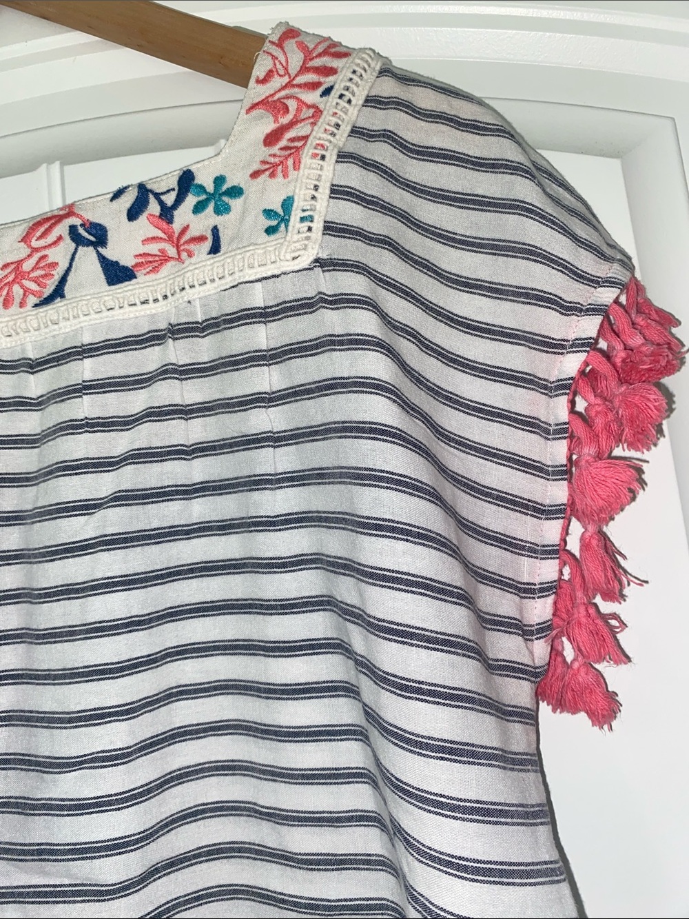 THML Navy & White Striped Square-Neck Top with Pink Tassel Trim size Large - Picture 13 of 15
